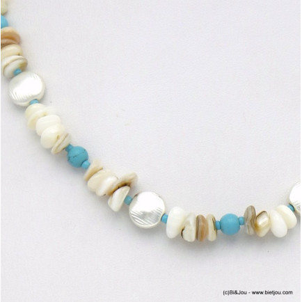 collier de plage éclats pierre nacre bouton métal 0120076 bleu turquoise