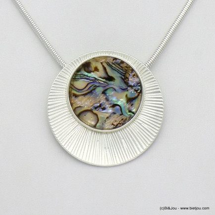 collier pendentif rond abalone ormeau métal femme 0120085 argenté