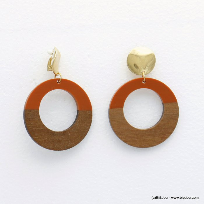 boucles d'oreilles clip plage anneau bois résine colorée métal doré vieilli femme 0320059