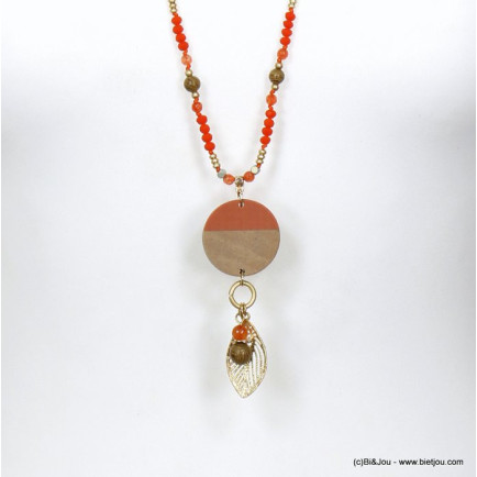 sautoir plage pendentif bois resine colorée feuille métal cristal femme 0120086 rouge bordeaux