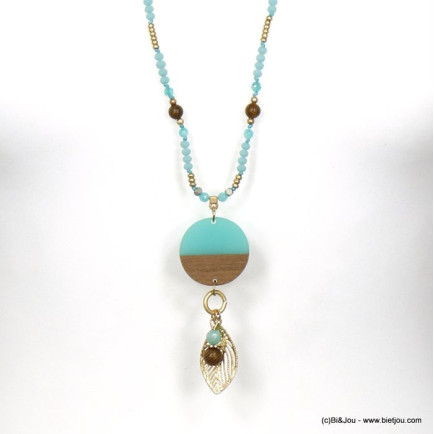 sautoir plage pendentif bois resine colorée feuille métal cristal femme 0120086 bleu turquoise