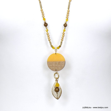 sautoir plage pendentif bois resine colorée feuille métal cristal femme 0120086 jaune