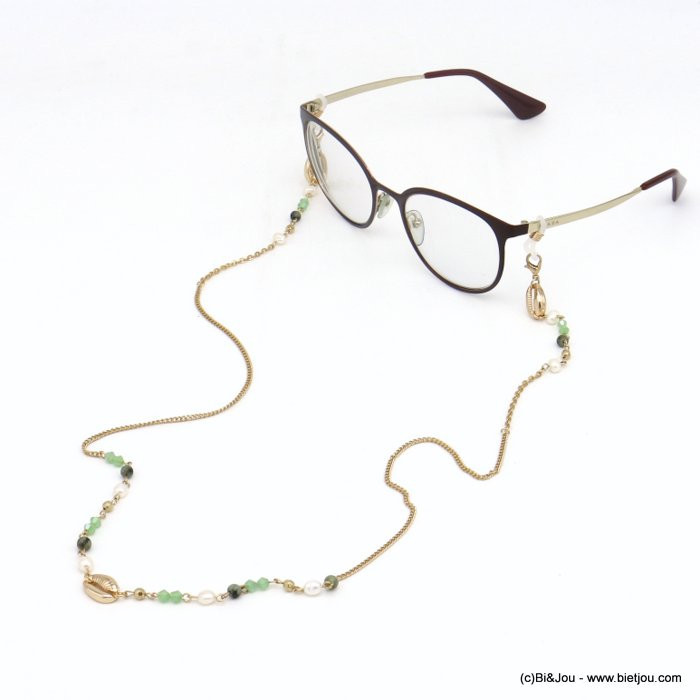 chaîne lunettes coquillage cauri métal perle eau douce pierre cristal 0120112