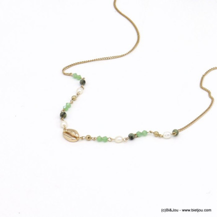 chaîne lunettes coquillage cauri métal perle eau douce pierre cristal 0120112 vert