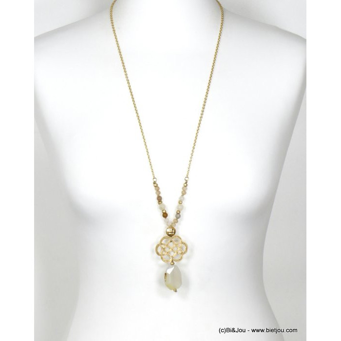 sautoir pendentif rosace stylisée métal pierre agate cristal femme 0120095