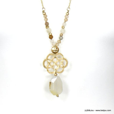 sautoir pendentif rosace stylisée métal pierre agate cristal femme 0120095 blanc