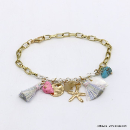 bracelet chaîne maille rectangulaire plage étoile de mer pompon fil nacre pierre femme 0220098