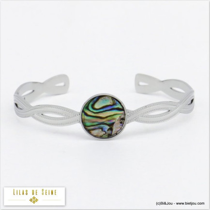 bracelet jonc ouvert abalone ormeau nacre torsadé acier inoxydable femme 0220035