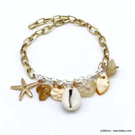 bracelet plage coquillage cauri éclats pierre nacre étoile de mer métal chaîne maille rectangulaire femme 0220116