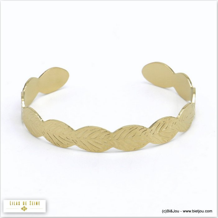 bracelet jonc plat ouvert feuilles arrondies acier inoxydable femme 0220042