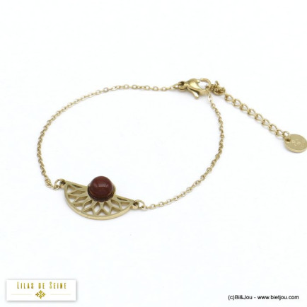bracelet minimaliste en acier inoxydable avec pendentif demi-cercle ajouré et cabochon en agate 0220508