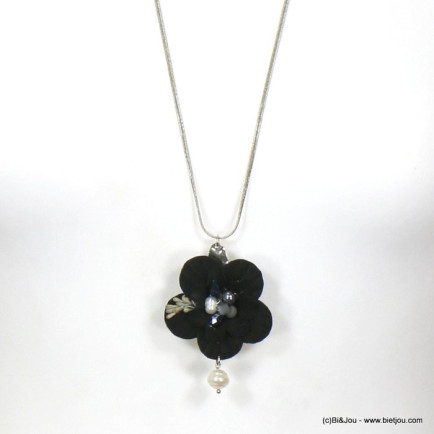 sautoir bohème minimaliste pendentif fleur tissu cristal imitation perle femme 0115742 noir