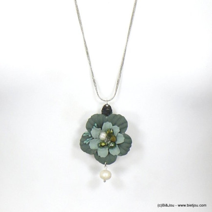sautoir bohème minimaliste pendentif fleur tissu cristal imitation perle femme 0115742 vert kaki
