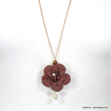 sautoir bohème minimaliste pendentif fleur tissu cristal imitation perle femme 0115742 rouge bordeaux