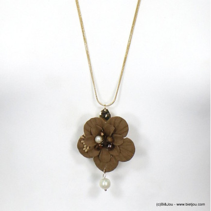 sautoir bohème minimaliste pendentif fleur tissu cristal imitation perle femme 0115742 taupe