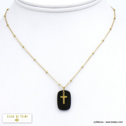collier pendentif agate pierre croix acier inoxydable femme 0120523