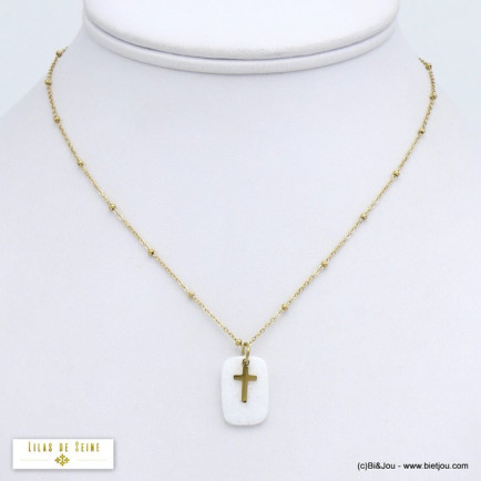 collier pendentif agate pierre croix acier inoxydable femme 0120523