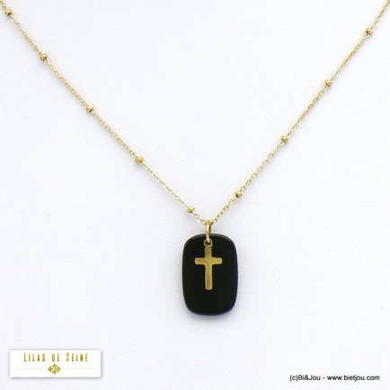 collier pendentif agate pierre croix acier inoxydable femme 0120523 noir