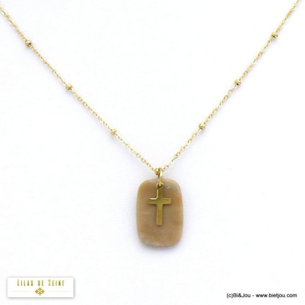 collier pendentif agate pierre croix acier inoxydable femme 0120523 rose nude