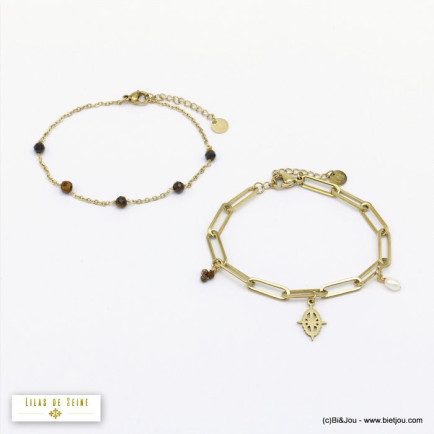 accumulation bracelets chaîne maille rectangle acier pierre femme 0220517