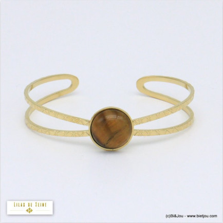 bracelet jonc double cabochon pierre naturelle acier inoxydable femme 0220554
