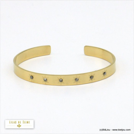 bracelet jonc ouvert soleil gravé strass acier inoxydable femme 0220553