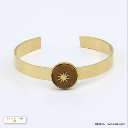 bracelet jonc ouvert pierre naturelle ronde 15mm étoile du nord acier inoxydable 0219547 marron
