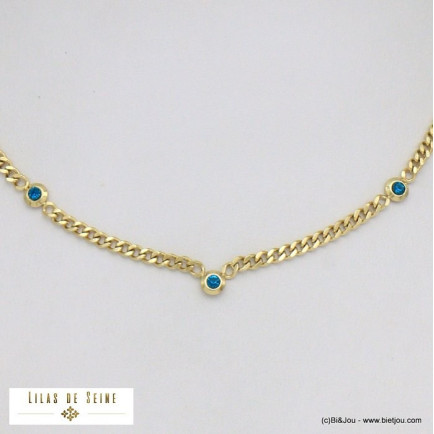 collier chaîne maille gourmette strass acier inoxydable femme 0121504 bleu foncé