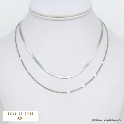 collier double rang chaîne maille mioir acier inoxydable femme 0121530