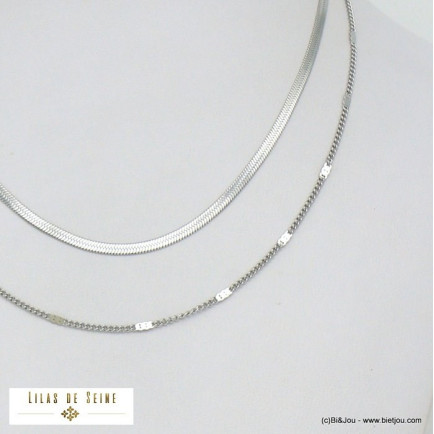 collier double rang chaîne maille mioir acier inoxydable femme 0121530 argenté