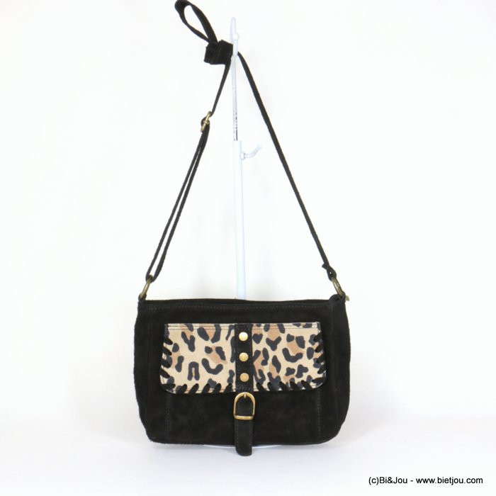 sac à bandoulière CUIR VERITABLE façon daim poche motif léopard femme 091544