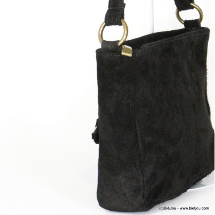 sac à bandoulière CUIR VERITABLE façon daim poche motif léopard femme 091544 noir
