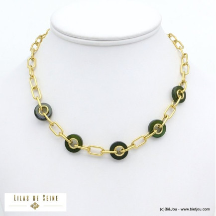collier anneaux résine marbrée chaîne maille rectangulaire acier inoxydable femme 0121531