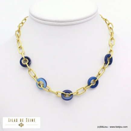 collier anneaux résine marbrée chaîne maille rectangulaire acier inoxydable femme 0121531
