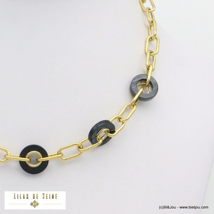 collier anneaux résine marbrée chaîne maille rectangulaire acier inoxydable femme 0121531 noir