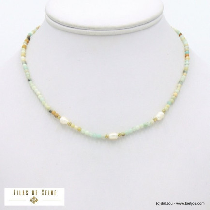 collier acier inoxydable billes pierre naturelle perle eau douce femme 0122016
