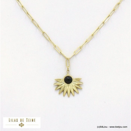 collier acier inoxydable demi-soleil cabochon pierre femme 0122030 noir
