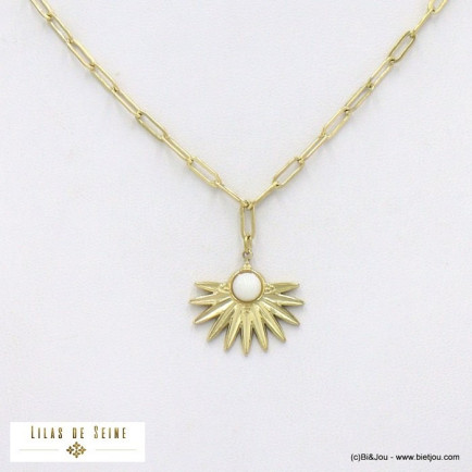 collier acier inoxydable demi-soleil cabochon pierre femme 0122030 blanc