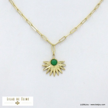 collier acier inoxydable demi-soleil cabochon pierre femme 0122030 vert foncé