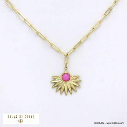 collier acier inoxydable demi-soleil cabochon pierre femme 0122030 fushia