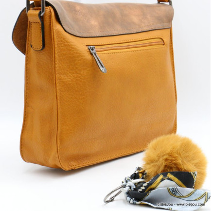 sac à bandoulière cartable Flora&Co simili-cuir souple rabat scintillant boule de poil foulard femme 0922050 jaune