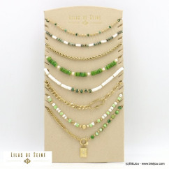 ensemble de 8 colliers acier inoxydable oeil surfeur perles pierre rondelles nacre femme 0122125